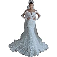 Sparkly Lace Wedding Dress Mermaid Illusion Bodice Vestido de Noiva Long Sleeve Neck Appliques