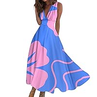 Spring Dresses for Women 2024 Floral Blue Women Long Maxi Swing Dress A Line Dress Floral Print Sleeveless V Neck Dress