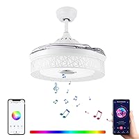 MoreChange 42” Retractable Ceiling Fan with Lights and Remote Control, Invisible Modern Bluetooth Chandelier Fan Lighting with Speaker Play Music 7 Colorful Dimmable Fixture for Bedroom/Living Room