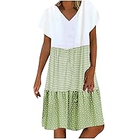 Simple Fun Print Patchwork Dress for Women Casual Short Sleeve Ruffle Hem T-Shirt Dress V-Neck Midi Beach Dress