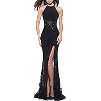 Halter Neck Sexy Evening Dress Long Mermaid Lace Split Prom Dress Party Gown