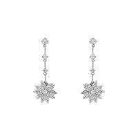 Dahlia Flower Dangle Earrings Rhodium Plated Sterling Silver Dangle Lab Created Round Cubic Zirconia White Silver