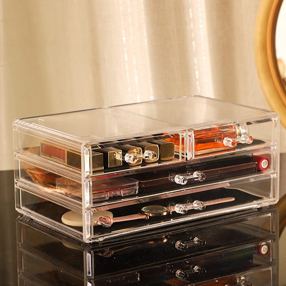 Cq acrylic Cosmetic Display Cases With LId Dust Water Proof for Bathroom Countertop Stackable Large Clear Makeup Organizer and Storage With 6 Drawers,Set of 3