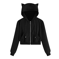 Women's Crop Hoodies Cat Ear Zip Up Hooded Sweatshirts Cute Drawstring Long Sleeve Tops with Pockets Workout Shirts