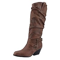 Womens Knee High Boots Chunky Low Flat Heel Side-Zip Back Lace-Up Faux Leather Riding Footwear Winter Combat Boots