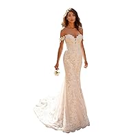 Stylefun Women's Mermaid Wedding Dresses for Bride 2024 Off Shoulder Lace Long Beach Bridal Gowns White 6