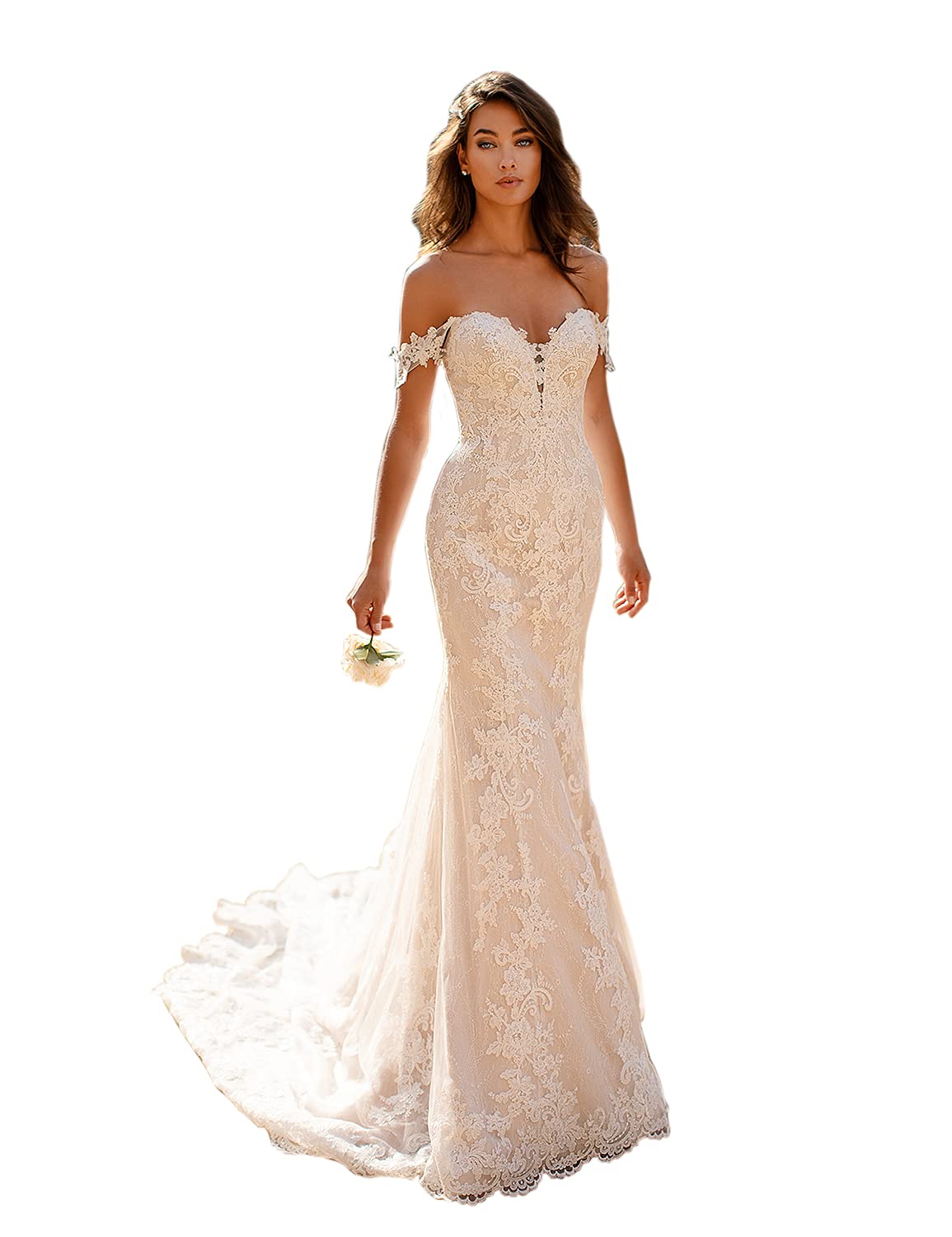 Stylefun Lace Beach Boho Wedding Dresses for Bride 2022 Long Bohemian Mermaid Bridal Gowns for Women MR46