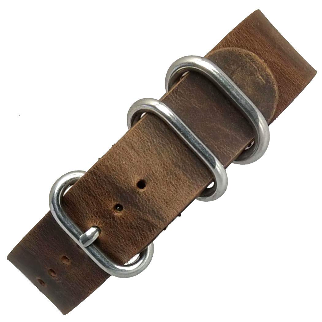 time+ 5-Ring Military Style Distressed Vintage Leather Watch Band Strap Brown - Choose Hardware & Width (18mm,20mm,22mm,24mm)