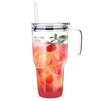 32 oz Drinking Glass Tumbler with Handle, Iced Coffee Cup with Straw and Lid, Reusable Glass Water Cup With Silicone Bumper for Beer, Fits In Cup Holder, Dishwasher Safe, BPA Free, Coral