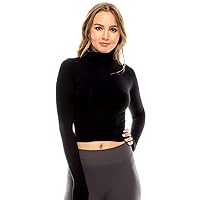 Kurve Women's Basic Crop Top – Mock Neck Long Sleeve Ribbed Stretch Slim Fitted Turtleneck Cropped T Shirt (Made in USA)