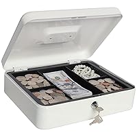 Large Cash Box with Money Tray and Lock, Lovndi Metal money Box for Cash, Lockbox 11.8 x 9.5 x 3.54 Inches, White