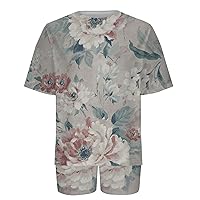 Workout Outfits for Women 2 Piece Tracksuit Set Flowers Printed Yoga Suit Sweatsuit Short Sleeve Crew Neck T Shirt Blouse and Plain Cycling Shorts Loungewear Sport Suit Clothes Athletic Fitness