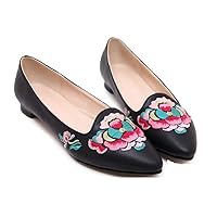 Women and Ladies' Embroidery Slip-on Loafer Flat Single Shoe Black