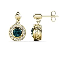 Round London Blue Topaz & Natural Diamond 1.62 ctw Halo Drop and Dangle Earrings 14K Gold