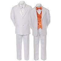 Unotux 7pcs Boys White Suits Tuxedo with Satin Orange Bow Tie Vest Set (S-20)