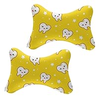 Pack of 2 Memory Foam Car Seat Neck Pillow for Travelling and Home, Cute Dental Teeth Yellow Pattern Compact Cervical Support Pillow Travel Sleeping Cushion with Elastic Strap