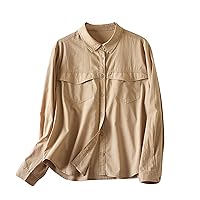 Womens Button Down Shirts Casual Long Sleeve T Shirts Loose Fit Collared Plain Work Blouse Tops with Pocket