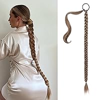 SEIKEA Long Braided Ponytail Extension with Hair Tie Straight Wrap Around Hair Extensions Ponytail Natural Soft Synthetic Hair Piece Daily Wear 34 Inch 180 Gram Dark Ash Blonde with Highlights