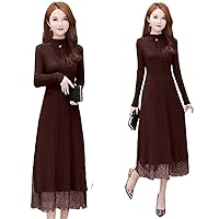 Fall Winter Thicken Spliced Lace Midi Knitted Dress Women Vintage Half Turtleneck Dress Slim A-Line Dresses