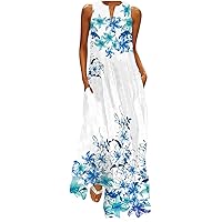 Women Summer Boho Floral Elegant Tank A-Line Dress Sleeveless V Neck Casual Loose Fit Flowy Maxi Long Dresses