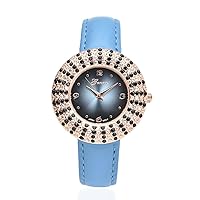 Shop LC Genoa Black Spinel Cubic Zirconia CZ Miyota Japanese Movement Halo Watch in Rosetone with Genuine Leather Strap Mothers Day Gifts for Mom