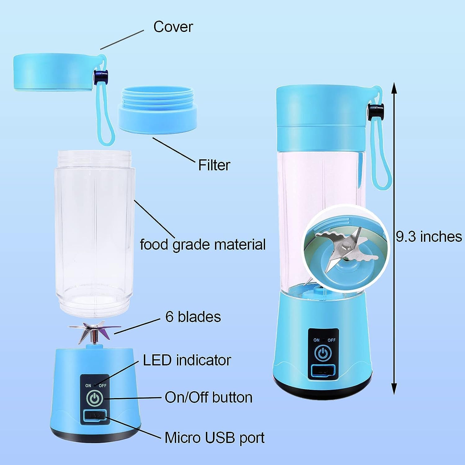 Portable Blender, USB Rechargeable Personal Fruit Blender, Mini Smoothie Blender (BLUE)
