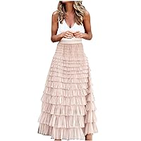 Smocked Cocktail Skirt for Womens Tulle Solid Color Maxi Skirt High Waist Mesh Party Formal Skirt, Ladies Pleated Long Skirt