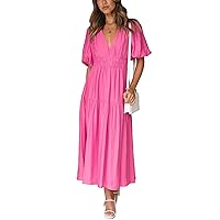 Woolicity Womens Summer Maxi Dress Wrap V Neck Short Sleeve Beach Flowy Long Dresses Rose Pink