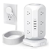 Tower Power Strip Flat Plug with 12 Outlets 4 USB(1 USB C),AOFO Surge Protector Charging Station with Overload Protection, Widely Spaced Multiple Outlets 10Ft Extension Cord for Home, Dorm,Office