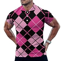 Black & Pink Argyle Men's Golf Polo-Shirt Casual Short Sleeve T-Shirt Classic Slim Fit Tee Tops