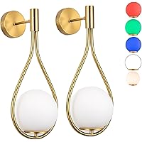Pack Wall Sconces/Wall Lights, Not Hardwired Brass Gold -White Glass Globe Wall Lamps, Wireless Light Fixture for Bedroom, Living Room, Bathroom, Hallway (GD)