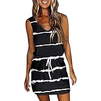 Sundresses for Women 2024 Summer Trendy Stripe Print Drawstring Sundress Casual Loose V Neck Mini Dress with Pockets