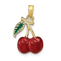 14k Gold 3 d Enamel Cherries With Stem and Leaf Charm Pendant Necklace Jewelry for Women