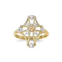 14k Yellow and Rose Gold With Rhodium Polished Religious Faith Cross With Flower Ring Jewelry for Women