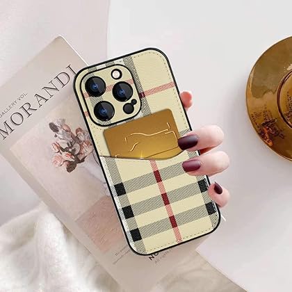 Flocovers Luxury iPhone 14 Pro Case for Women, Designer Classic Plaid PU Leather Protective Cover Case with Cash Card Holder Compatible with iPhone 14 Pro (6.1 inch) Beige
