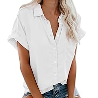 Womens Button Down Shirts Short Sleeve Button Up Shirts Casual V Neck Summer Blouse Top with Pockets