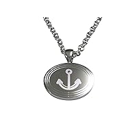 Silver Toned Etched Oval Simple Nautical Anchor Pendant Necklace