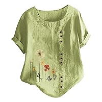 Ladies Cotton Linen T Shirt Flower Print Summer Tee Women's Short Sleeve Tops 2024 Trendy Comfort T-Shirt Blouse