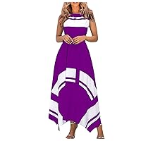 Women's Dress 2023 Summer Fashion Leisure Holiday Printed Asymmetrical Hem Sleeveless Long Dress, S-5XL