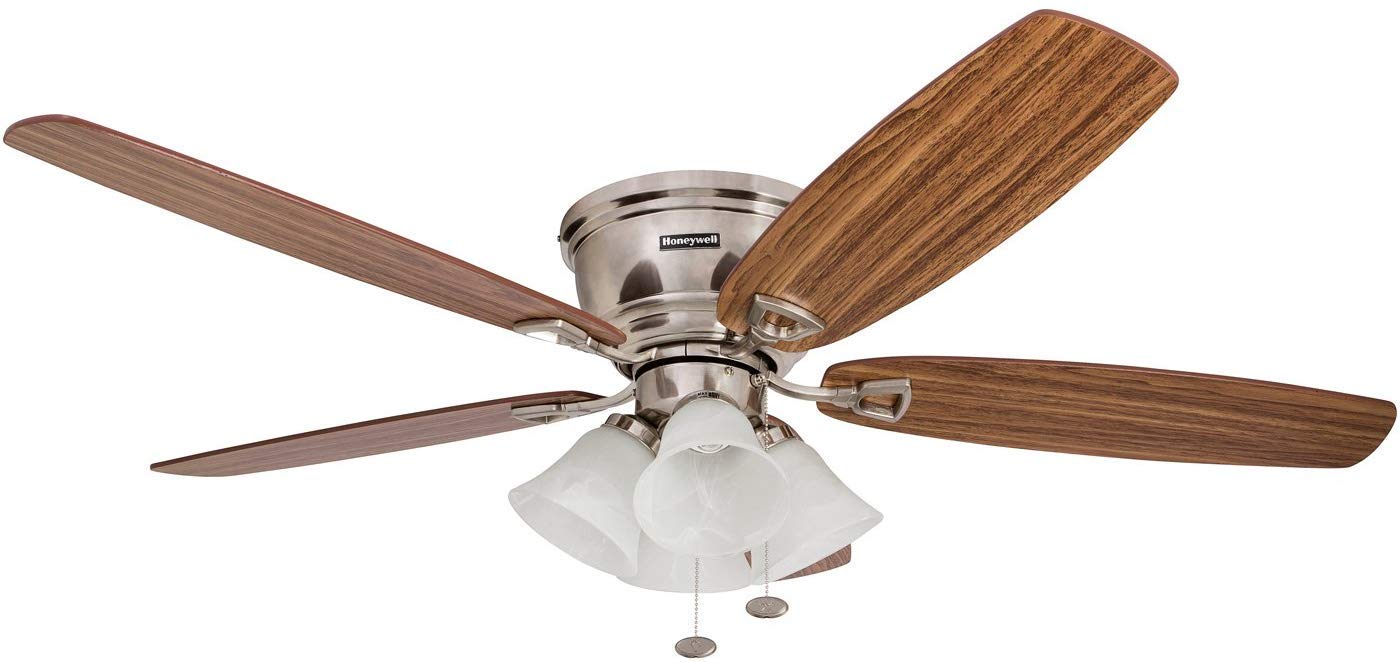 Honeywell Ceiling Fans Glen Alden, 52 Inch Classic Flush Mount Indoor LED Ceiling Fan with Light, Pull Chain, Quick-2-Hang Dual Finish Blades, Reversible Motor - 50182 (Brushed Nickel)