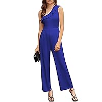 KOJOOIN Women's One Shoulder Dressy Jumpsuit Ruffle Trim Smocked One Piece Formal Outfit with Pockets