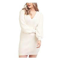 Womens Ivory Knit Ribbed Blouson Sleeve V Neck Above The Knee Sweater Dress X