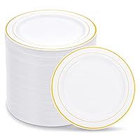 WELLIFE 144Pcs Gold Dessert Plates, 7.5 Inch Plastic Cake Plates, White Plates with Gold Rim Heavy Duty Plastic Party Plates, White and Gold Plastic Plates for Party,Wedding,Mothers Day