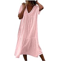 2024 Women's Summer Casual T-Shirt Dresses V Neck Beach Cover up Ruffle Tiered Pleated Sundresses Boho Maxi Dress