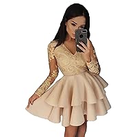 V Neck Lace Applique Short Prom Homecoming Dress 2024 Long Sleeves Knee Length A Line Party Party Gown