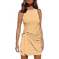 Ladies Knitted Solid Color Round Neck Sleeveless Mid Waist Irregular Tie Knotted Casual Dress Casual Skirts for