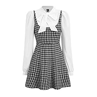 Women's Dress Plaid Print Tie Neck Puff Sleeve Dress (Color : Black and White, Size : X-Small)