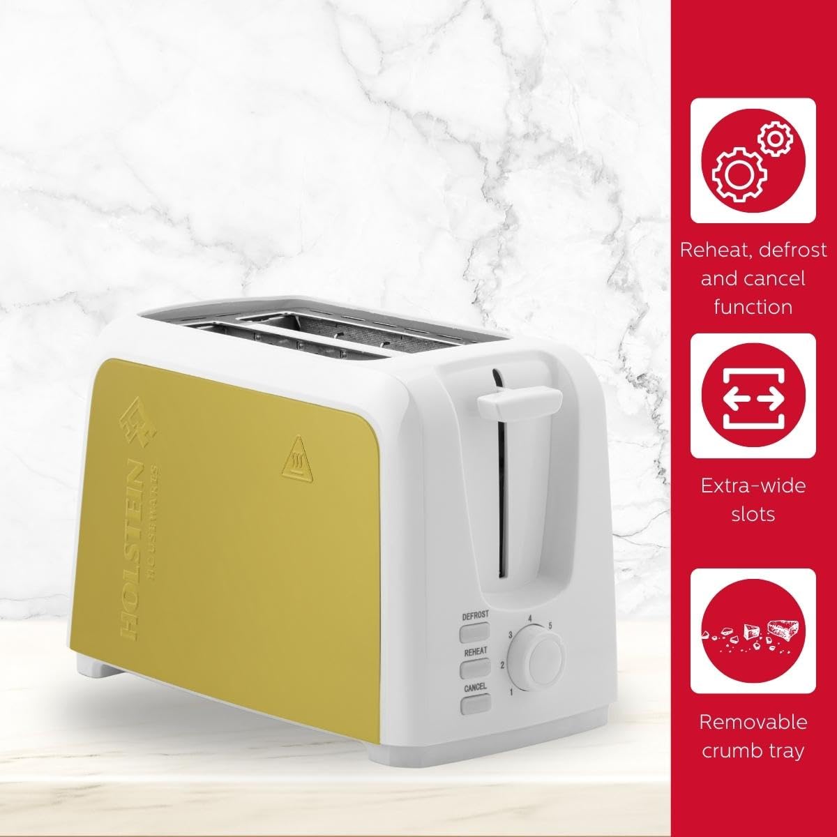 Holstein Housewares 2-Slice Toaster with 7 Browning Control Settings, White and Gold - Great to Toast Bread, Bagels and Waffles. Golden Elegance