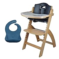 Abiie Beyond Junior Natural Wood/Black Cushion Convertible 3-in-1 Wooden High Chairs for 6 Months to 250 lbs, and Ruby Wrapp Space Blue Waterproof Silicone Bibs with Front Pocket - Baby Essentials