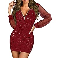Women's New Years Eve Dress Fashionable Loose Fitting Long Sleeved V-Neck Zippered Sequin Mesh Dress, S-2XL